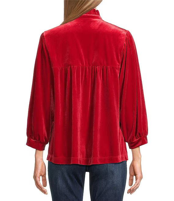 Ruffle Collar Velvet 3/4 Sleeve Pullover