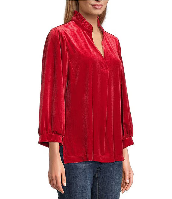 Ruffle Collar Velvet 3/4 Sleeve Pullover