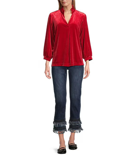 Ruffle Collar Velvet 3/4 Sleeve Pullover