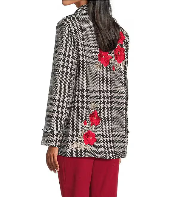 Plaid Tweed Floral Applique Shawl Collar Fringe Coat
