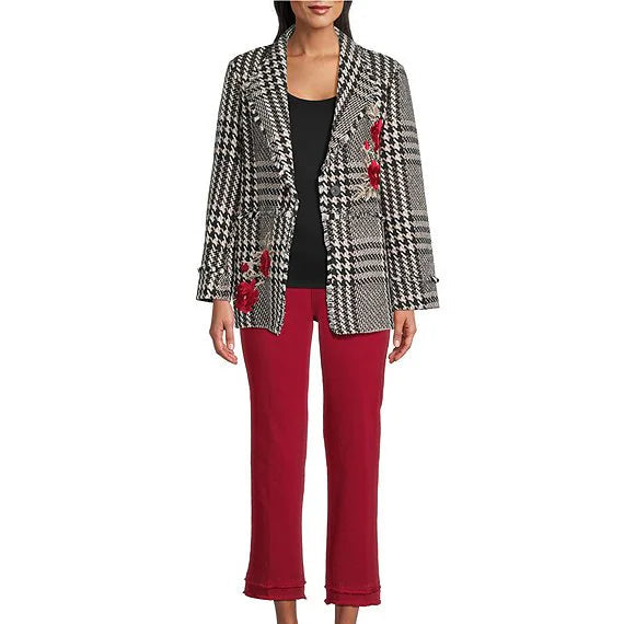 Plaid Tweed Floral Applique Shawl Collar Fringe Coat