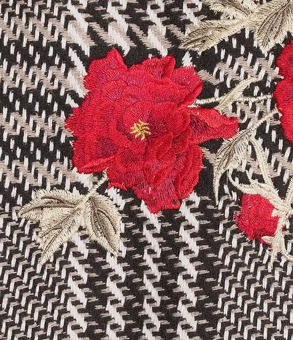 Plaid Tweed Floral Applique Shawl Collar Fringe Coat