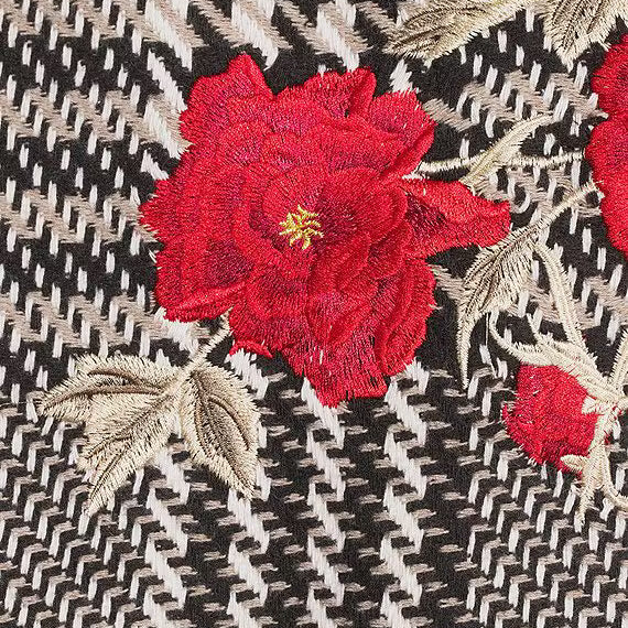 Plaid Tweed Floral Applique Shawl Collar Fringe Coat