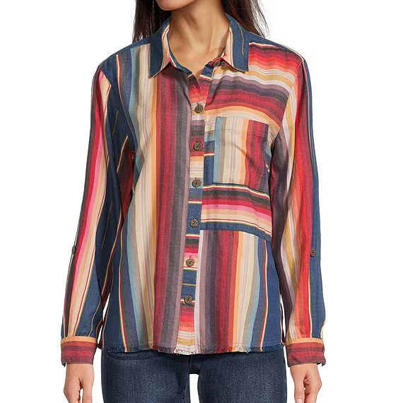 Woven Multi Strip Roll Tab L/S Button Down Blouse