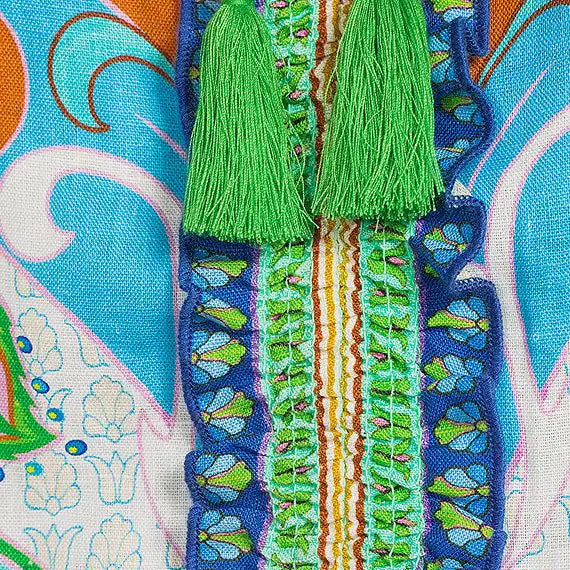 Woven Peacock Border Print Scoop Neck Tassel Tie 3/4 Ruffle Tiered Sleeve Top