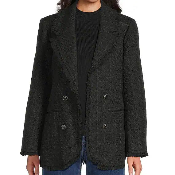 Tweed Open Lapel Long Sleeve Button Front Fringe Lined Coat