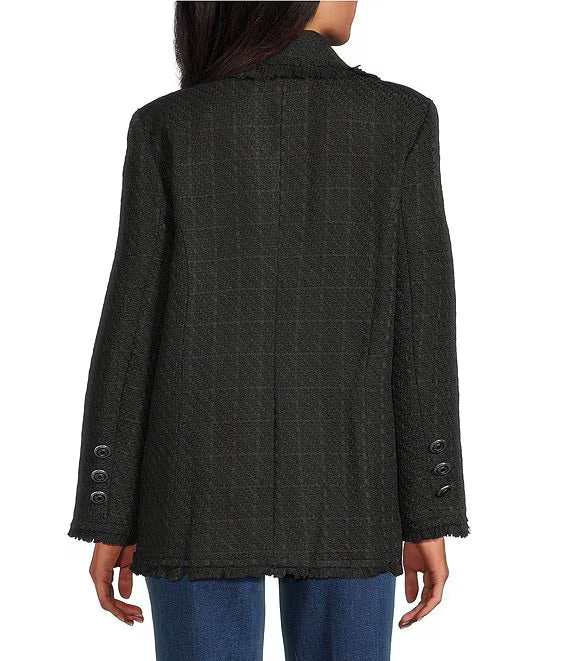 Tweed Open Lapel Long Sleeve Button Front Fringe Lined Coat