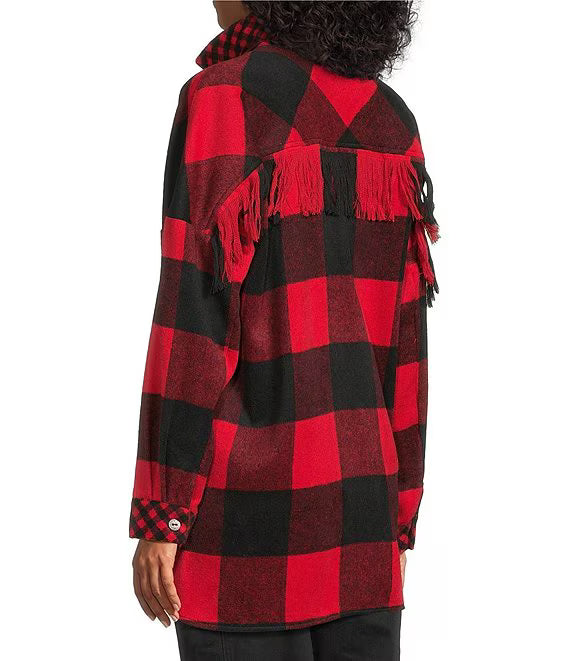 Woven Buffalo Plaid Wire Collar Long Sleeve Hi-Low Hem Button Front Tunic
