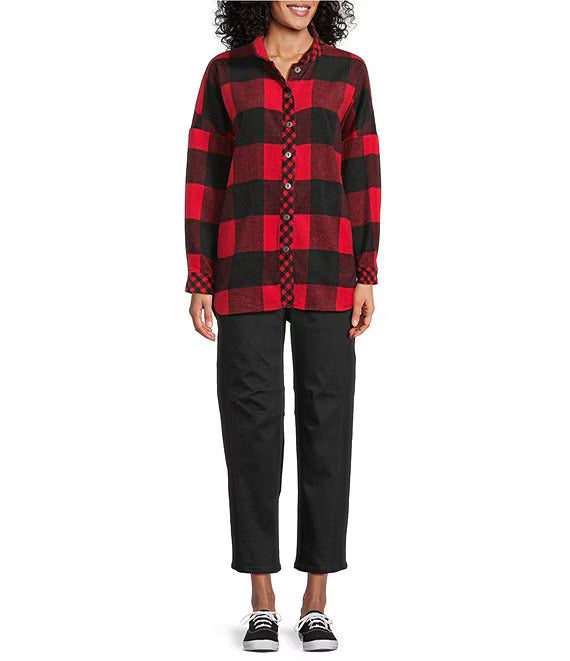 Woven Buffalo Plaid Wire Collar Long Sleeve Hi-Low Hem Button Front Tunic