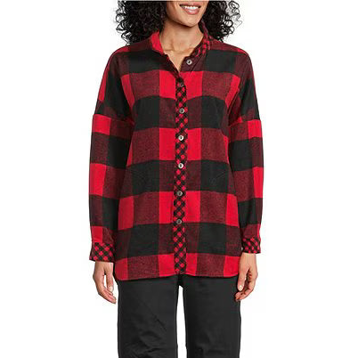 Woven Buffalo Plaid Wire Collar Long Sleeve Hi-Low Hem Button Front Tunic