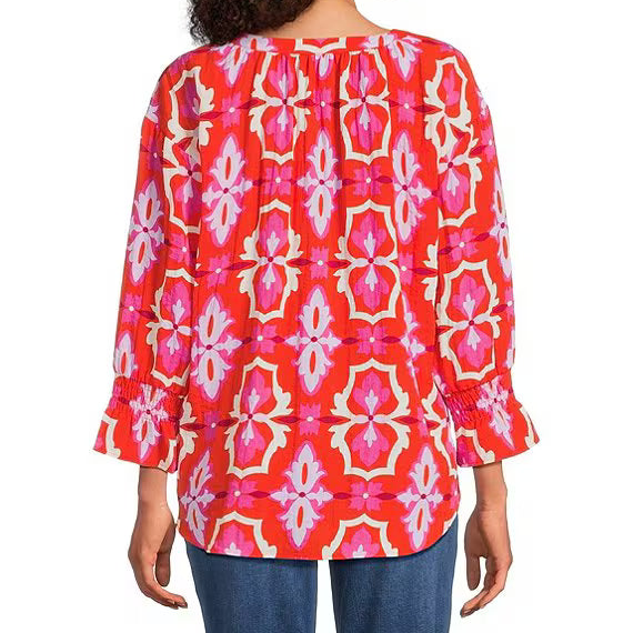 Woven Retro Geometric Split V-Neck Long Sleeve Smocked Cuff Pullover Tunic