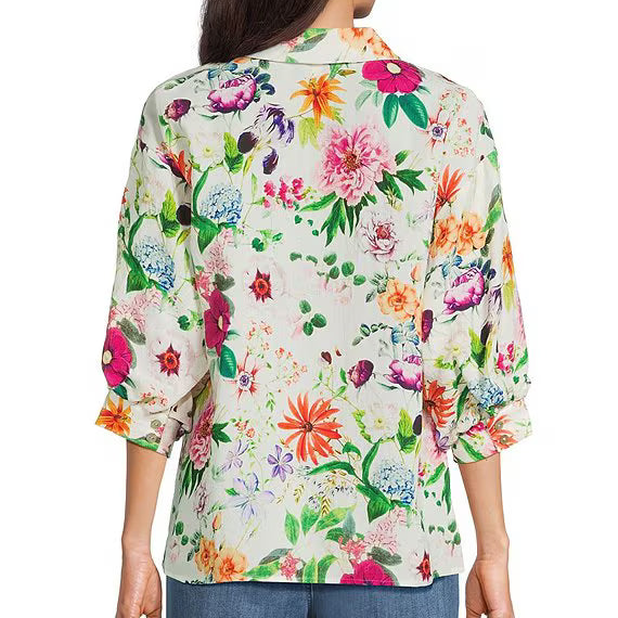 Crinkle Botanical Floral Point Collar 3/4 Sleeve Button Front Shirt
