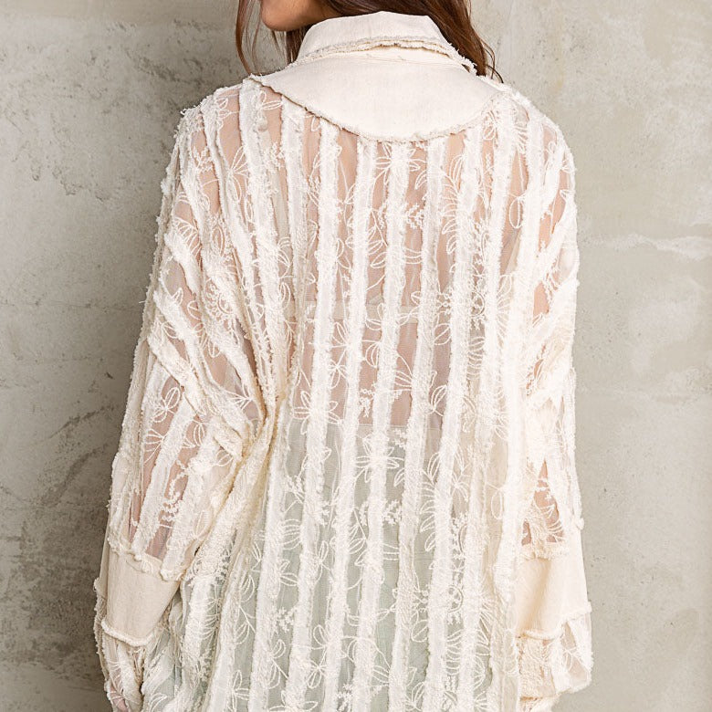 Sheer Lace & Twill Button Down Oversized Top