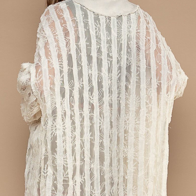Sheer Lace & Twill Button Down Oversized Top