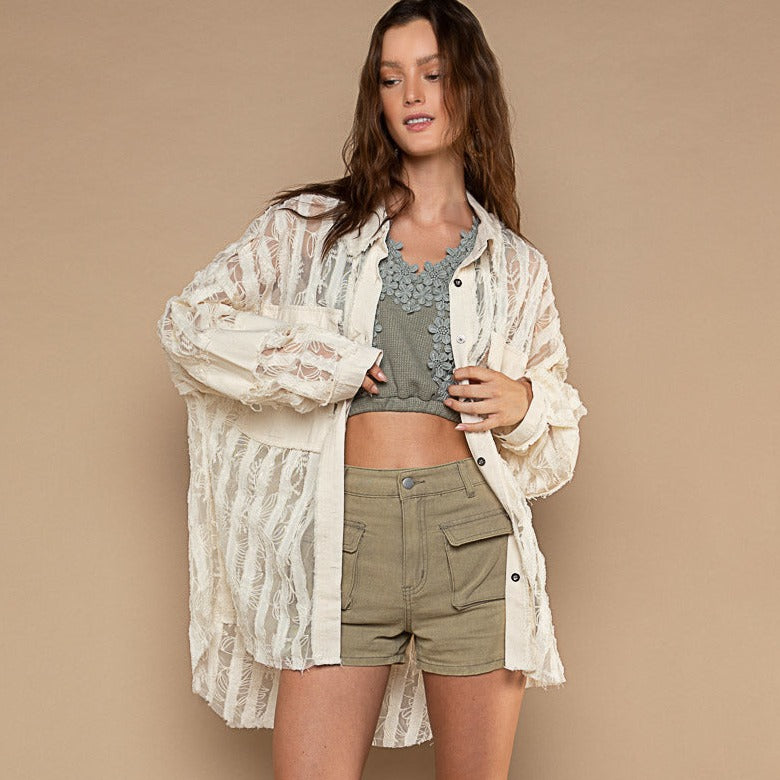 Sheer Lace & Twill Button Down Oversized Top
