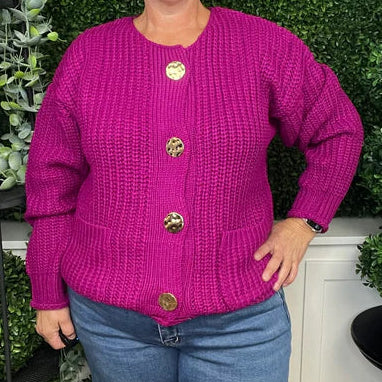 Big Button Accent Sweater Cardigan - Magenta