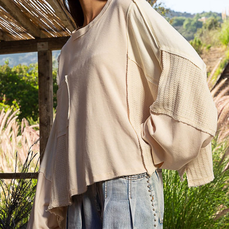 Oversized Thermal Top with Detail Stitch & Balloon Sleeves