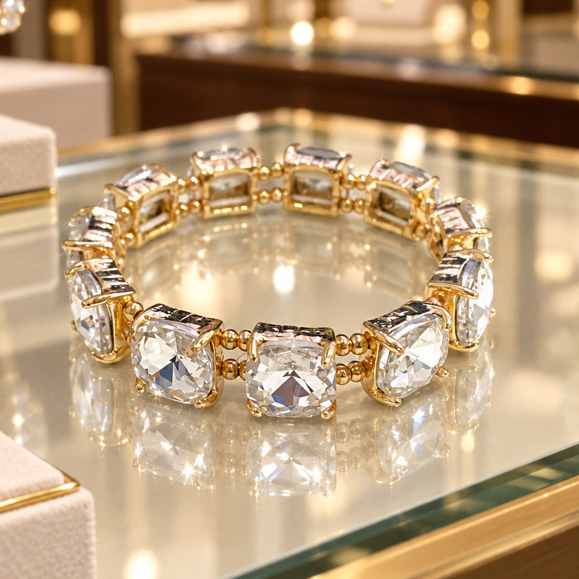 Clear Crystal Square and Gold Stretch Bracelet