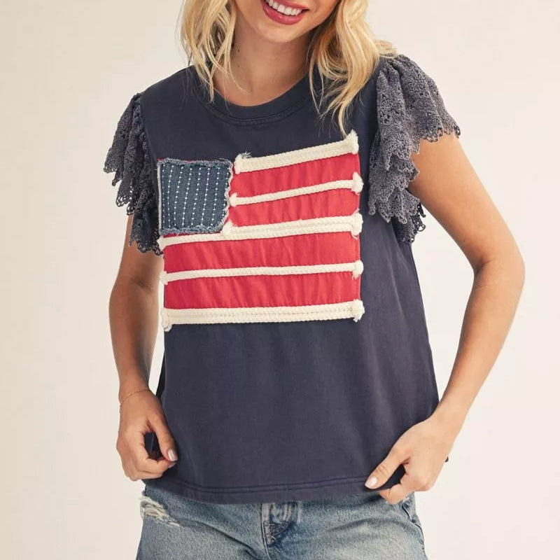 Navy Lace Flutter Sleeves American Flag Patched Top