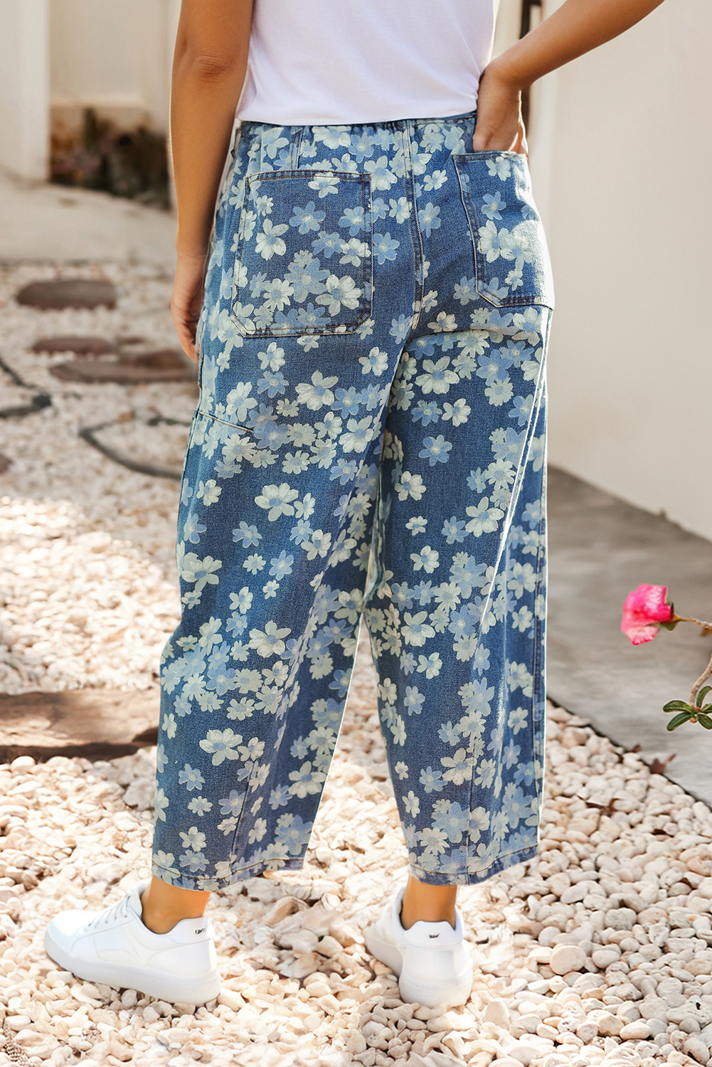 Dainty Floral Print Seam Detail Drawstring Barrel Jeans