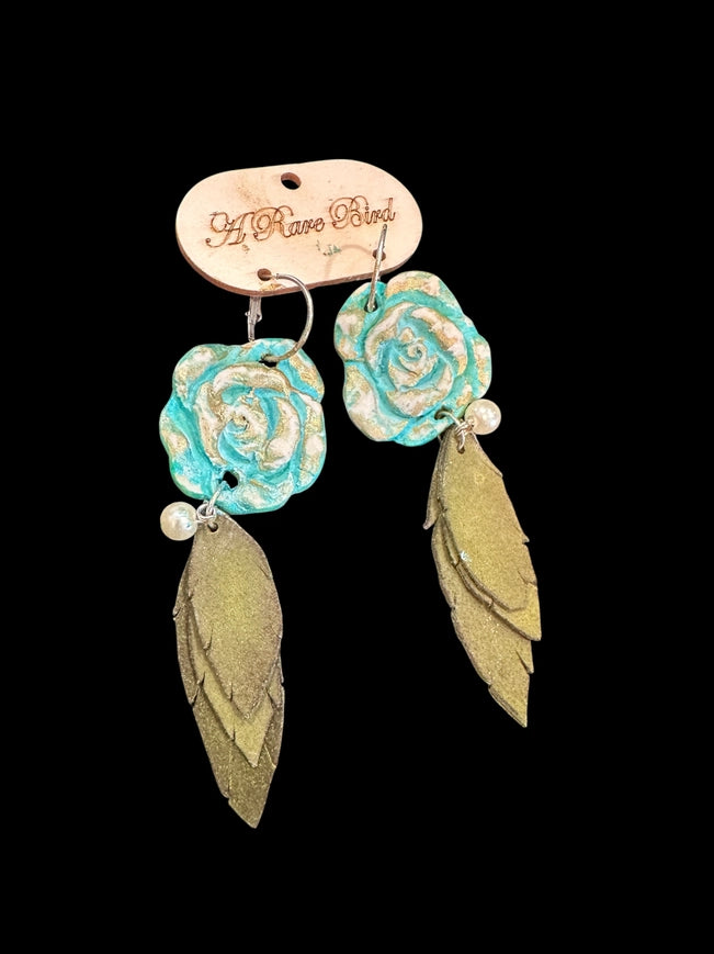 Hand Carved Blue Rose Earrings