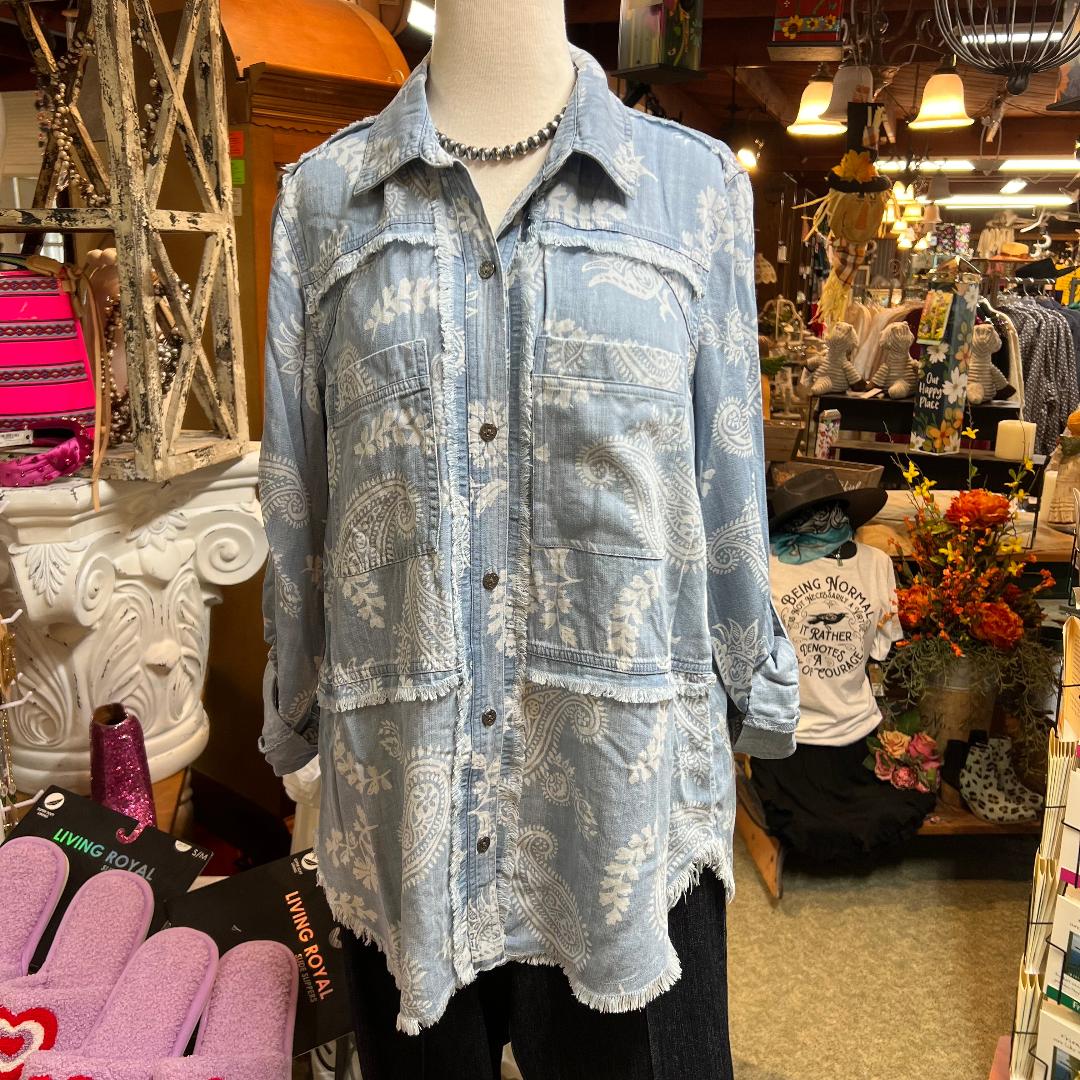 Rolled Tab Long Sleeved Button Up Fringe Edge Top