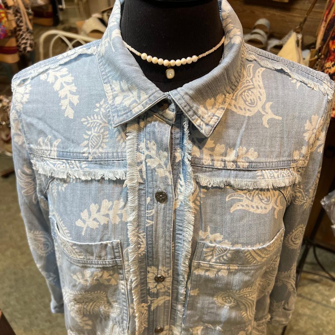Rolled Tab Long Sleeved Button Up Fringe Edge Top