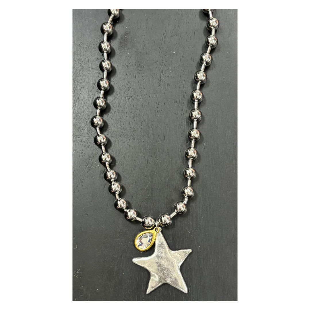 Silver Bead Ball with Star and Gold Crystal Teardrop Necklace