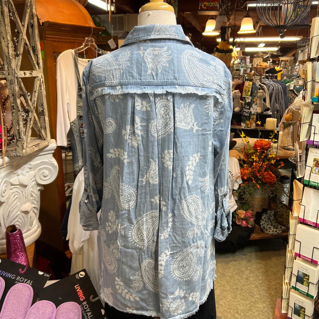Rolled Tab Long Sleeved Button Up Fringe Edge Top
