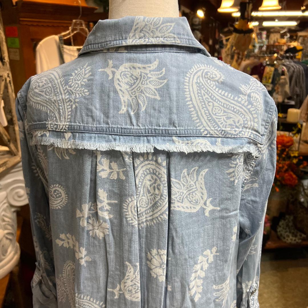 Rolled Tab Long Sleeved Button Up Fringe Edge Top
