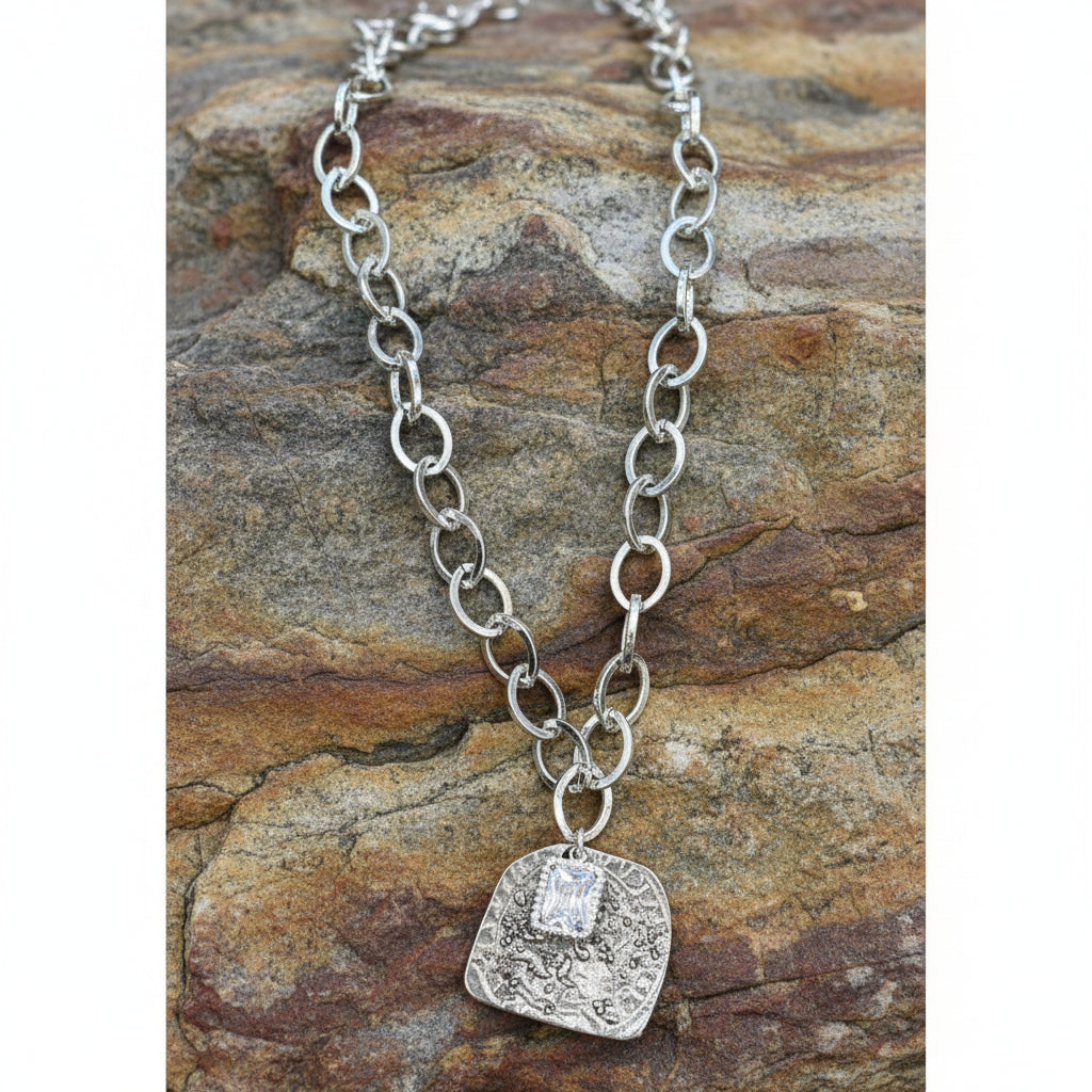 Chain Necklace with Crystal Pave' and Silver Pewter Pendant