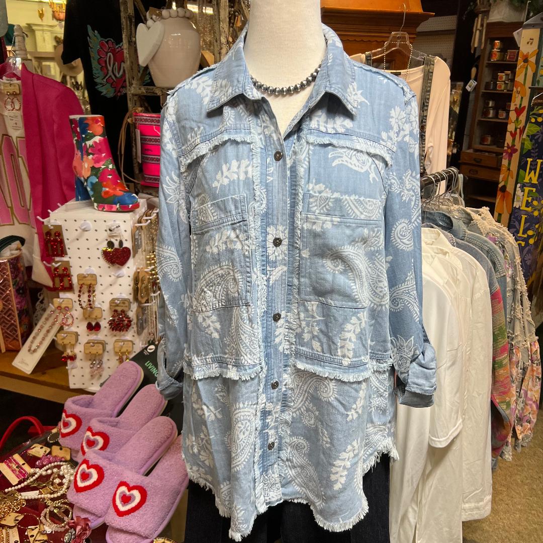 Rolled Tab Long Sleeved Button Up Fringe Edge Top