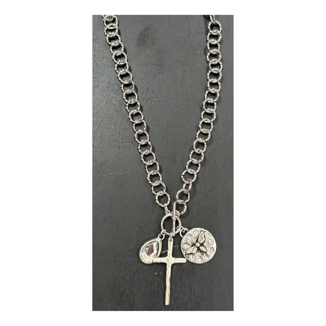 Chain Necklace with Crystal and Silver Pendants