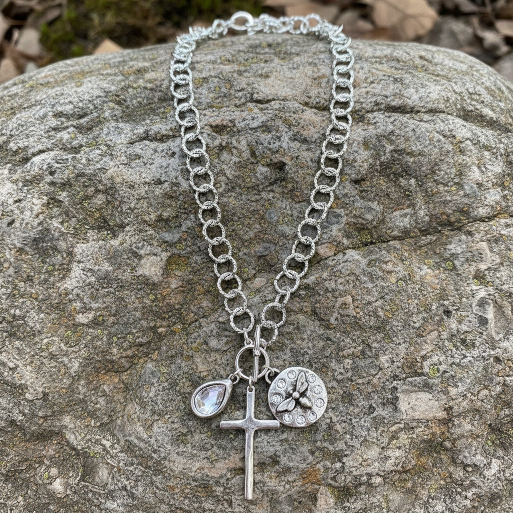 Chain Necklace with Crystal and Silver Pendants