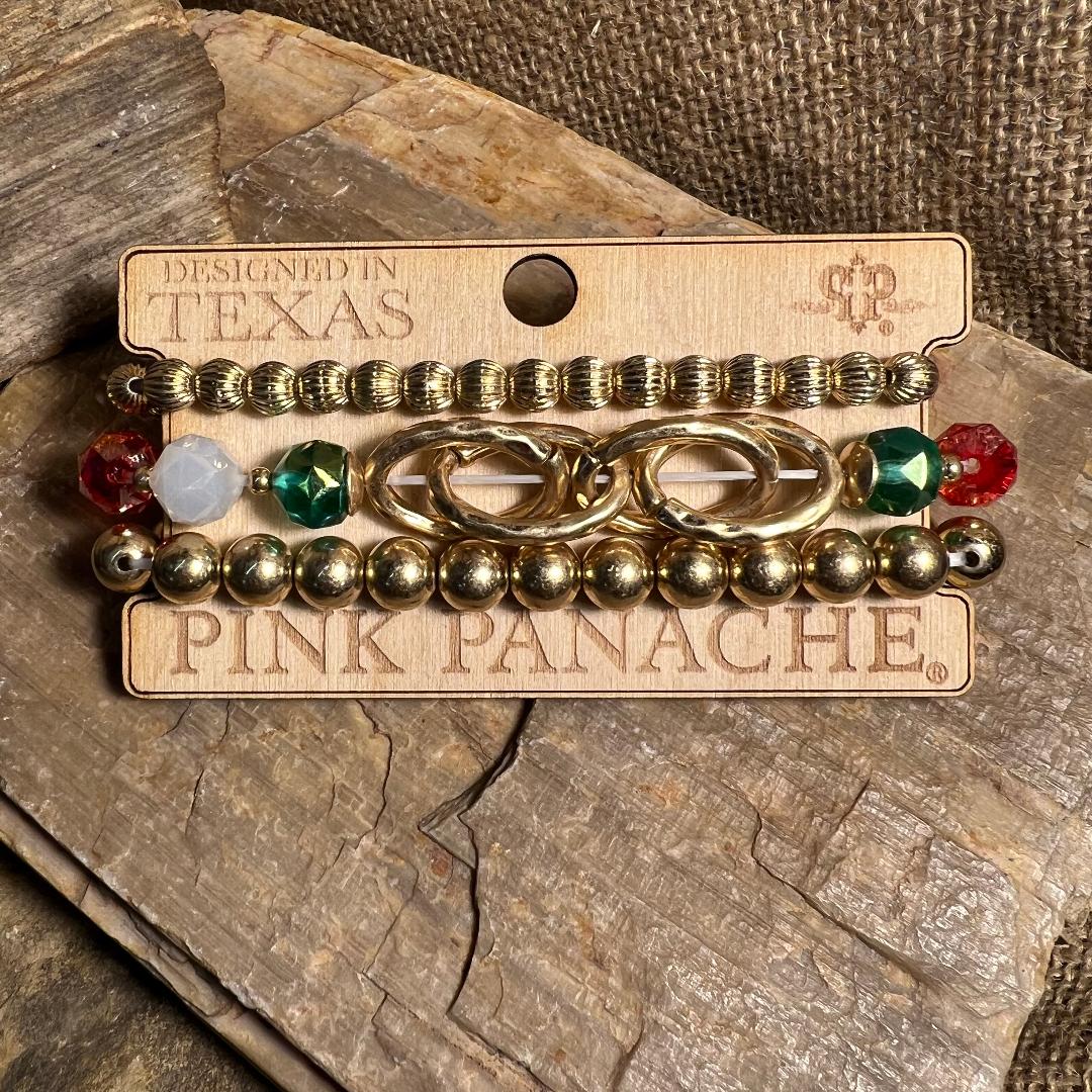 Gold Bead with Green, Red Orange & White Acrylic Bead Stretch Bracelet