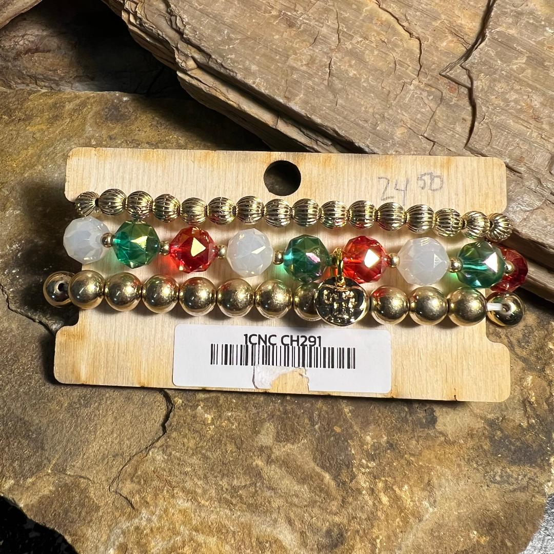 Gold Bead with Green, Red Orange & White Acrylic Bead Stretch Bracelet