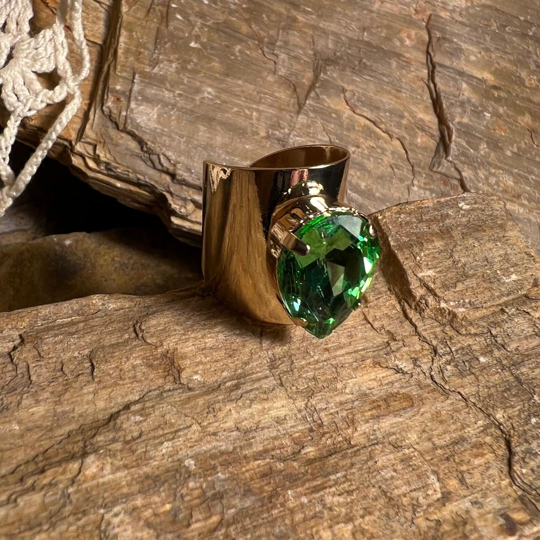 Green Teardrop Ring with Gold Adjustable Band