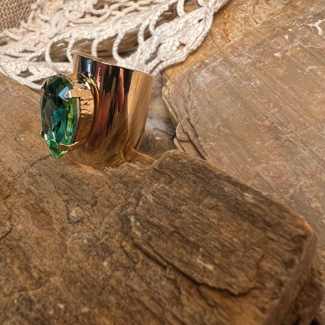 Green Teardrop Ring with Gold Adjustable Band