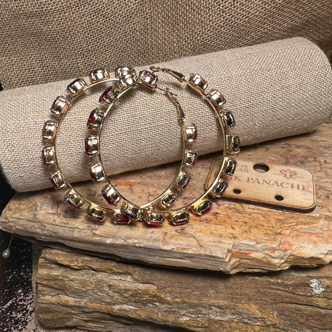 Large Red Multi Rhinestone Statement Piece Hoop Earrings