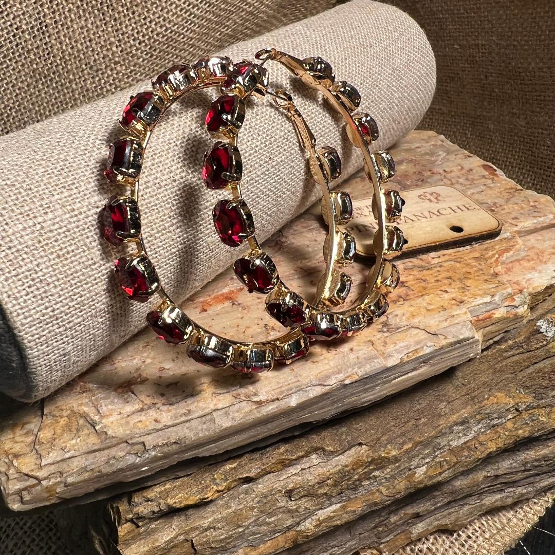 Large Red Multi Rhinestone Statement Piece Hoop Earrings