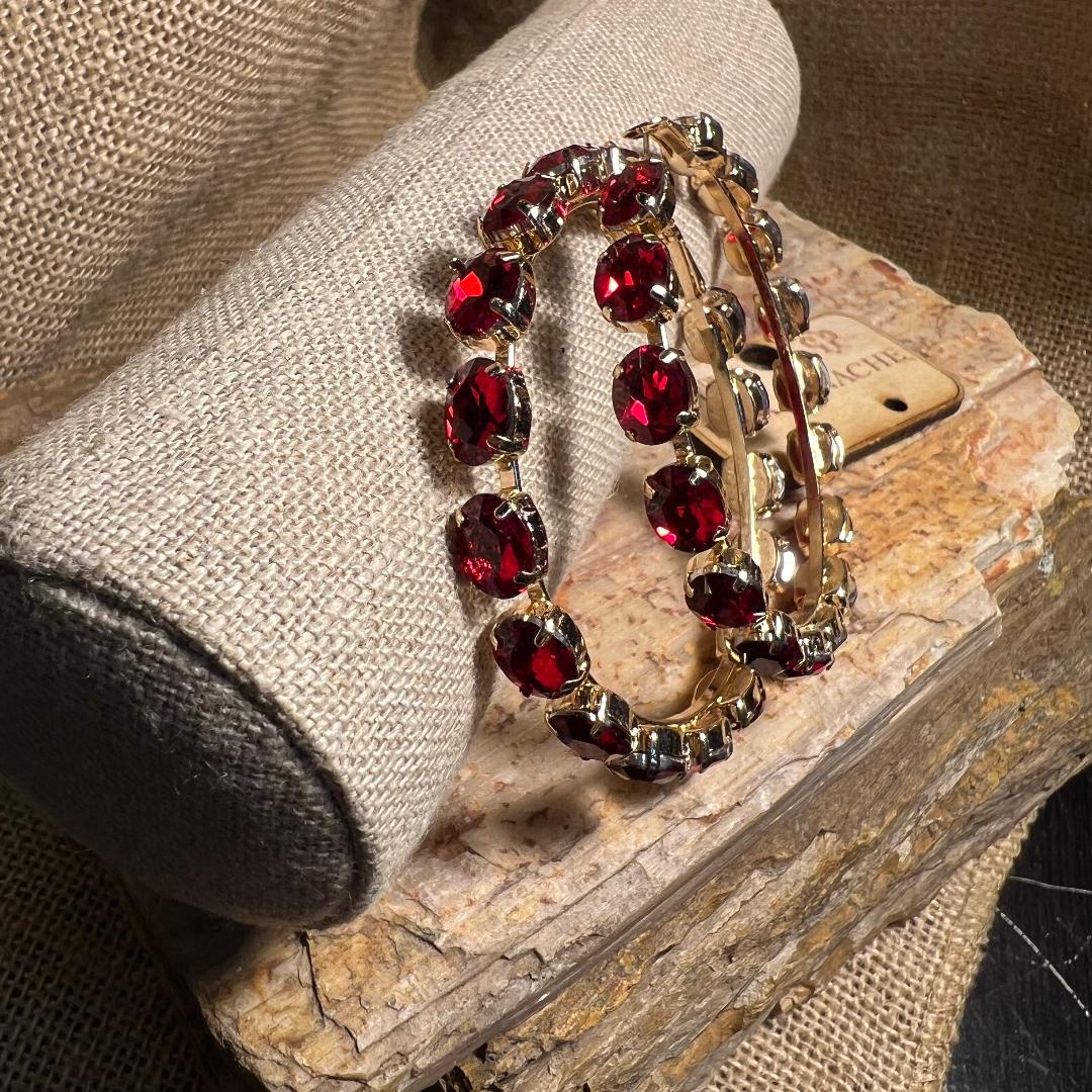 Large Red Multi Rhinestone Statement Piece Hoop Earrings