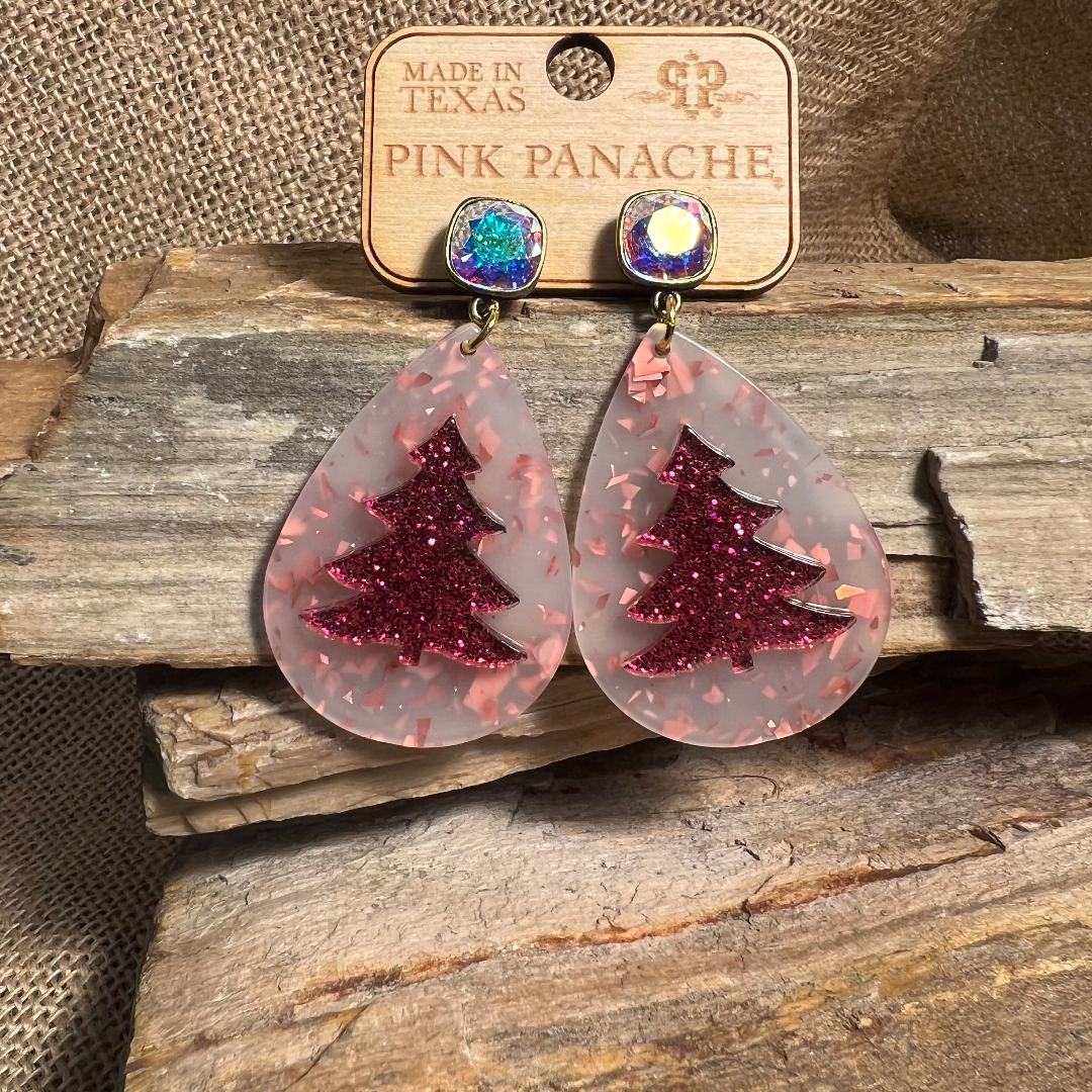 Pink Acrylic Christmas Tree Teardrop Glitter Earrings