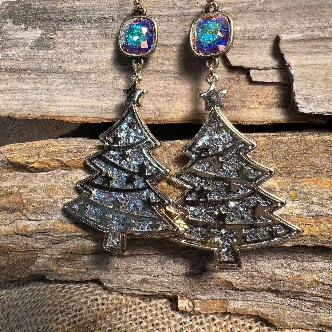 Gold Christmas Trees and Silver Glitter Earrings