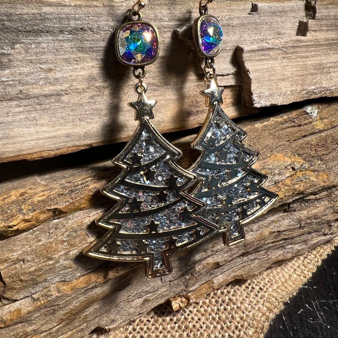 Gold Christmas Trees and Silver Glitter Earrings