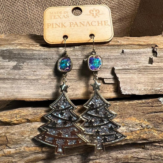Gold Christmas Trees and Silver Glitter Earrings