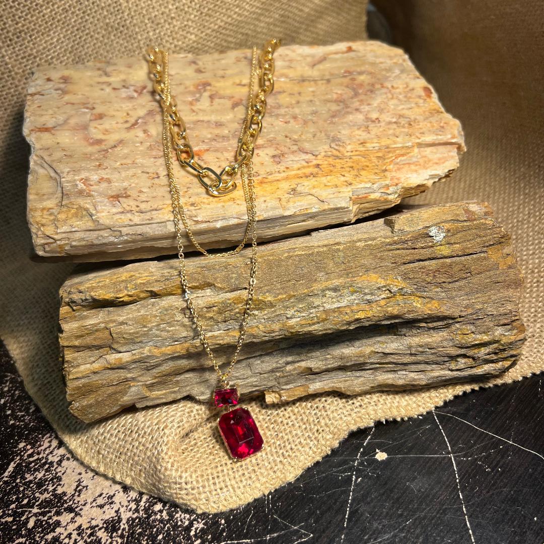 Double Red Rectangle and Square Rhinestone Triple Gold Chain Necklace