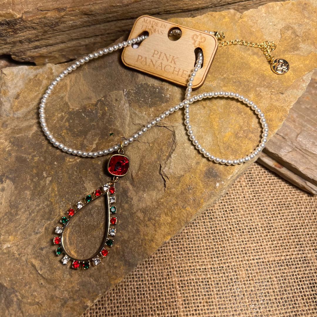 Red, Green, White & Gold Bead Teardrop Necklace
