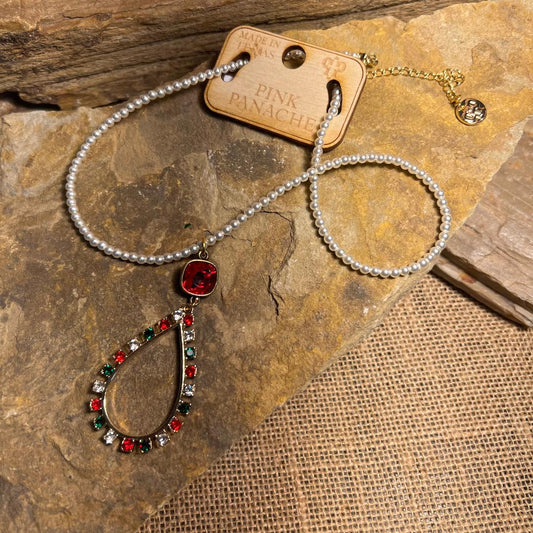 Red, Green, White & Gold Bead Teardrop Necklace