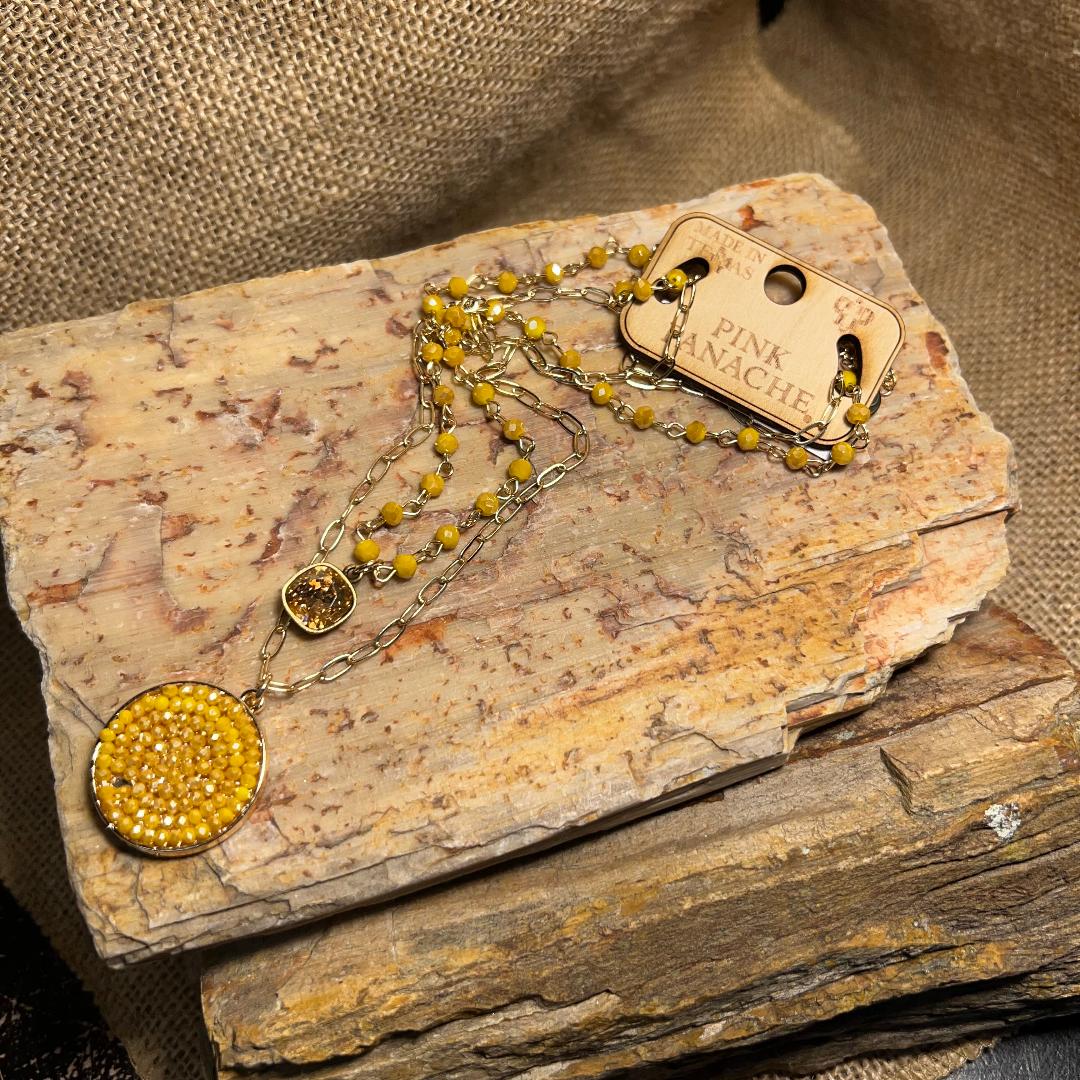 Mustard Crystal Beads & Gold Paperclip Chain Necklace