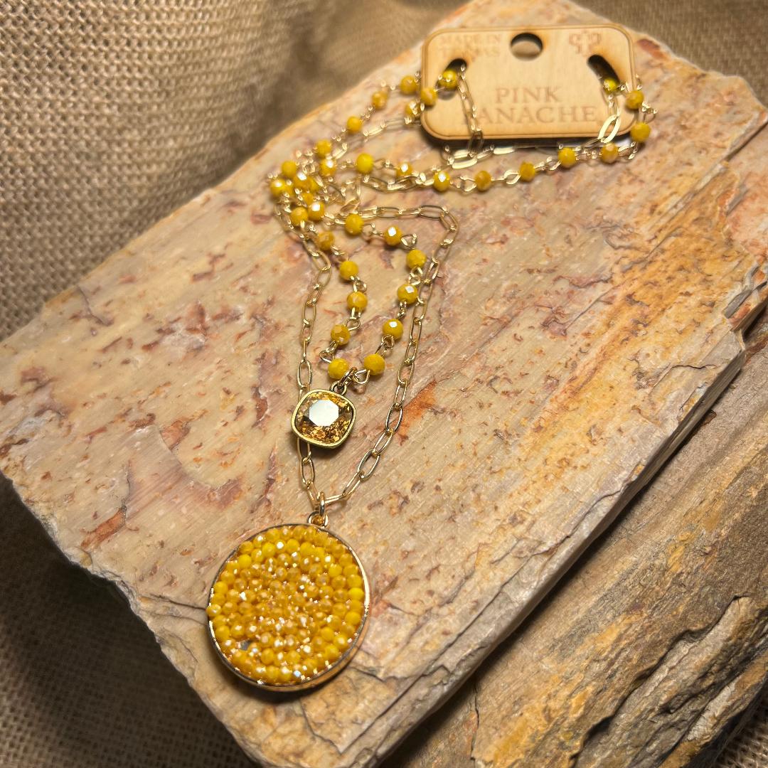 Mustard Crystal Beads & Gold Paperclip Chain Necklace